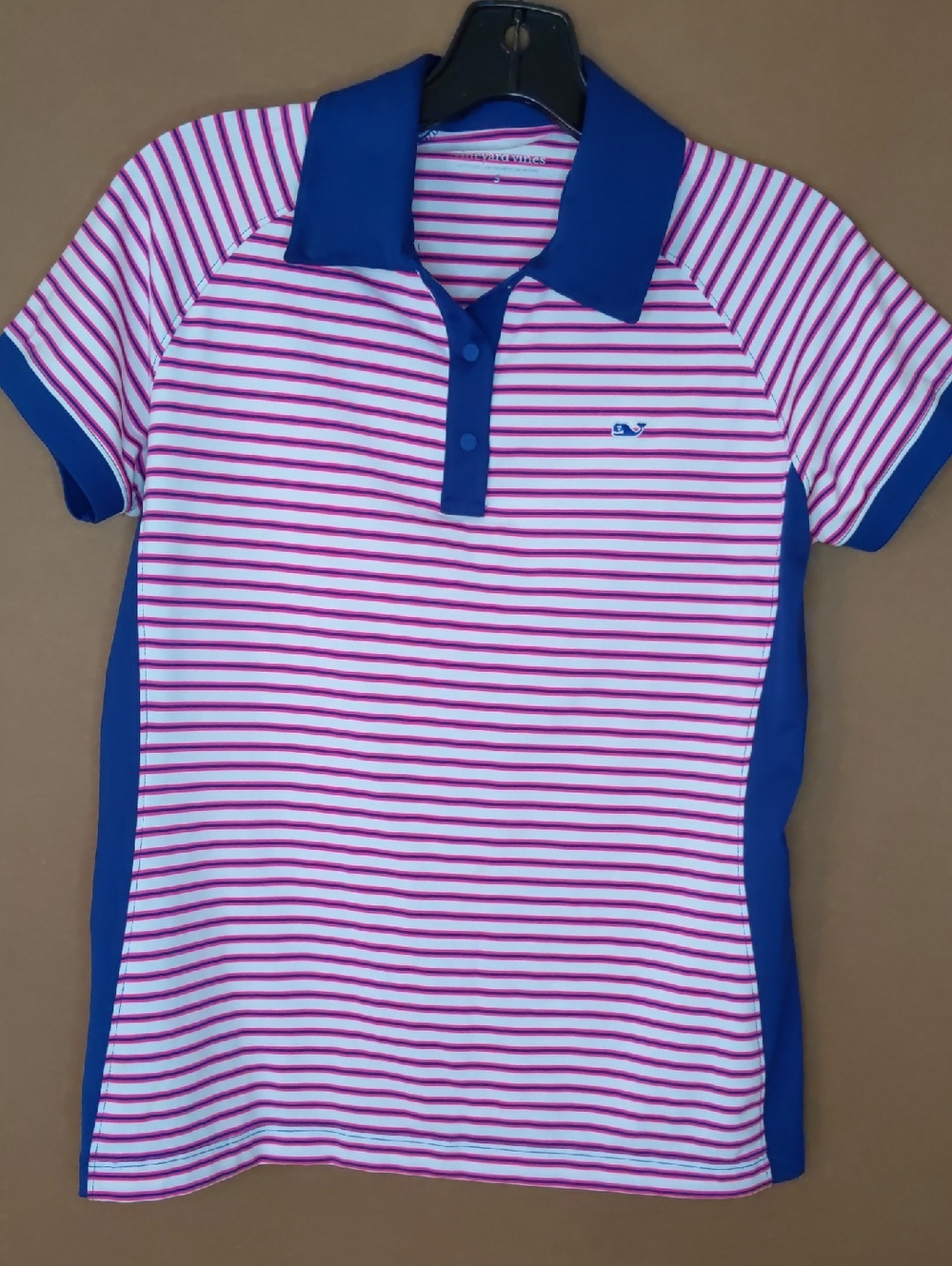 Vineyard Vines Pink & White Striped Polo with Navy Trim